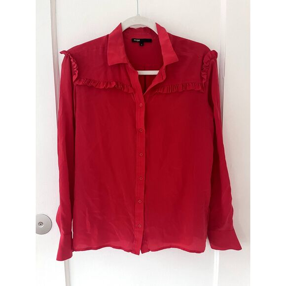 Womens Maje 100% Silk Red Callie Blouse Top Ruffle Long Sleeve Size 3 (Large) - Picture 2 of 9